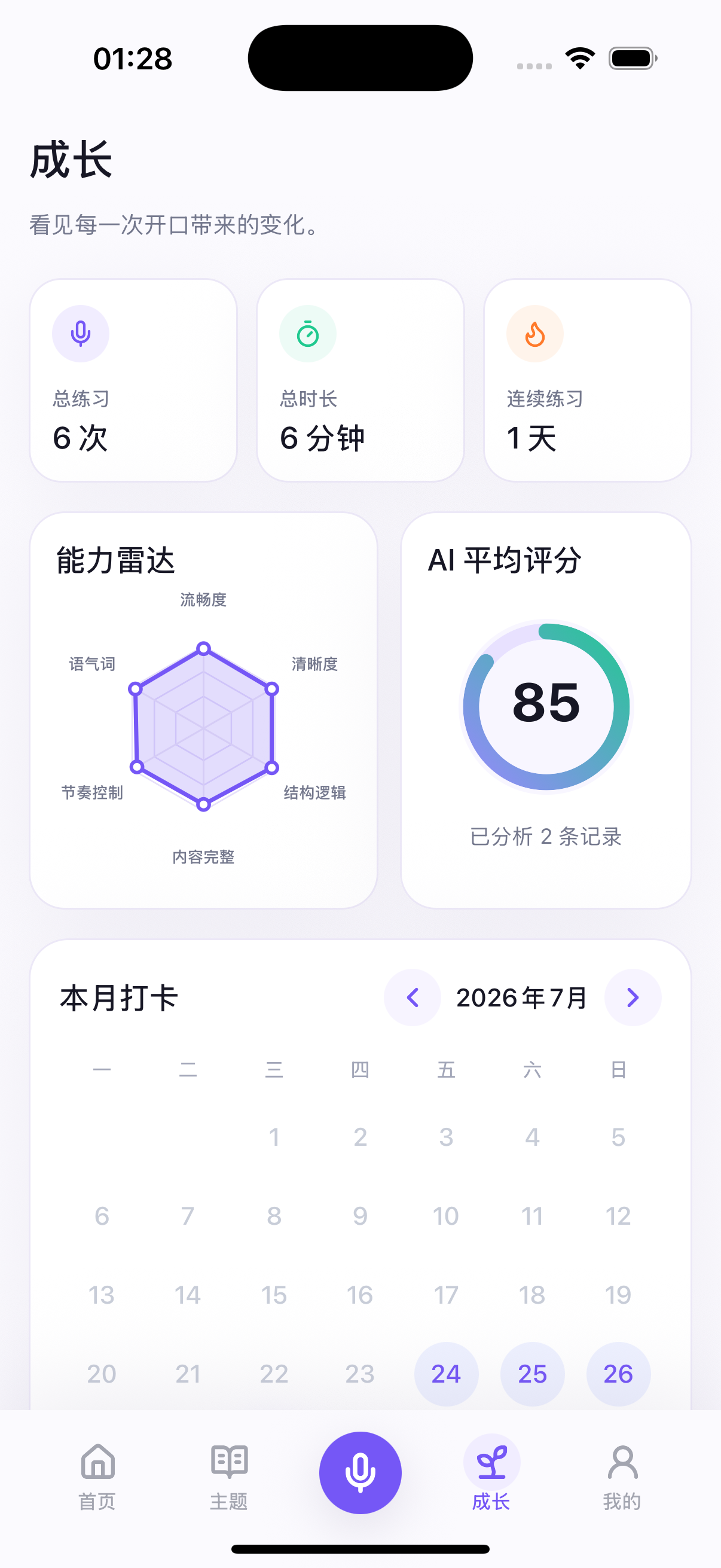 VoiceGrow 成长页中的能力雷达、AI 平均评分和练习打卡